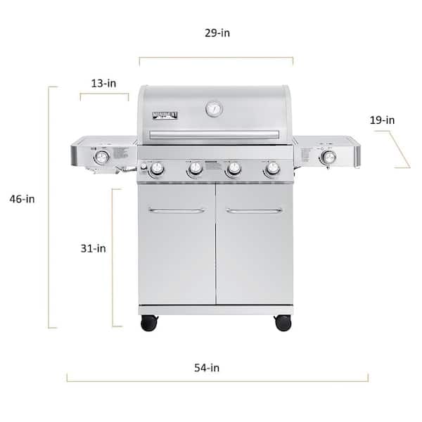 4-Burner Propane Gas Grill in Stainless with LED Controls. Side and Side Sear Burners