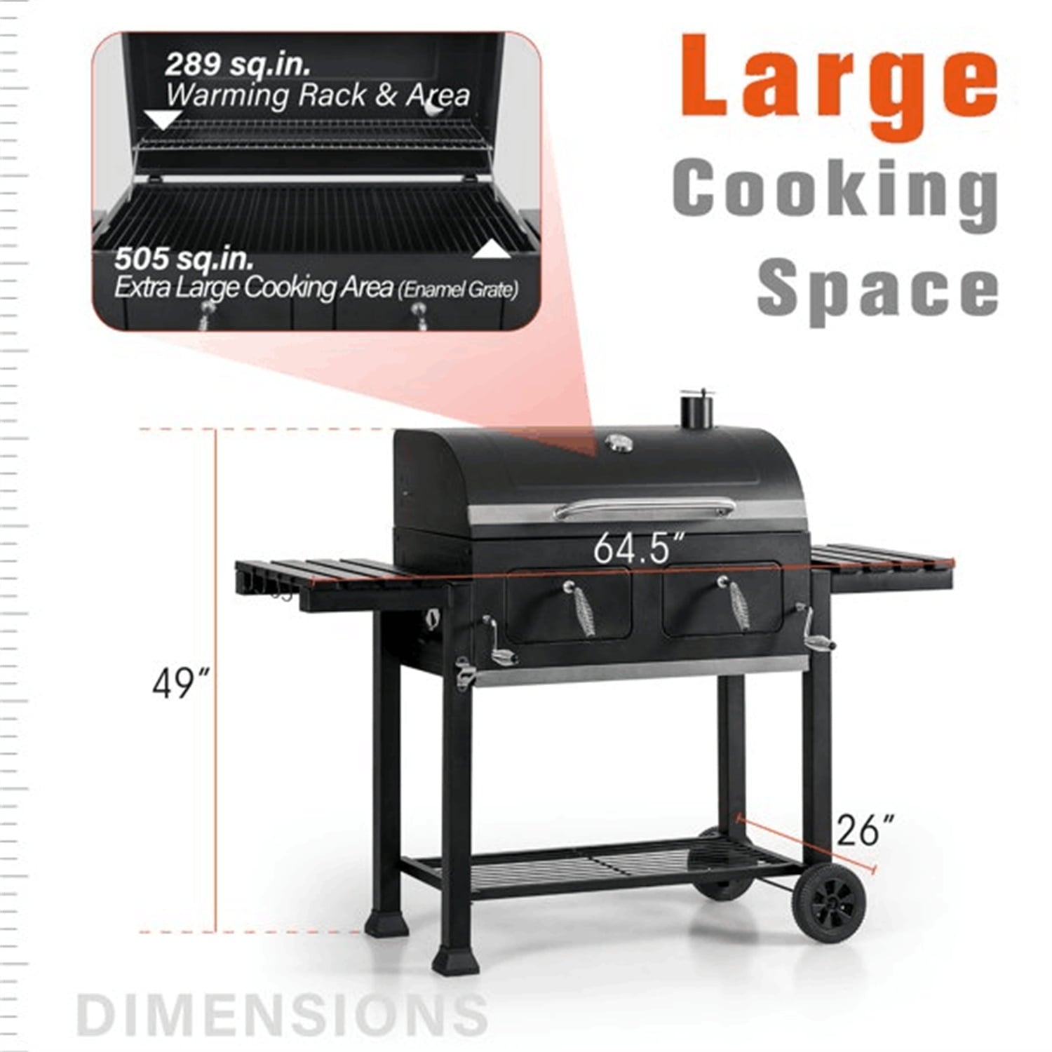 34'' Charcoal Grill Extra Large Portable BBQ Grill. Black