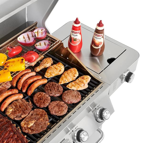 4-Burner Propane Gas Grill in Stainless with LED Controls. Side and Side Sear Burners
