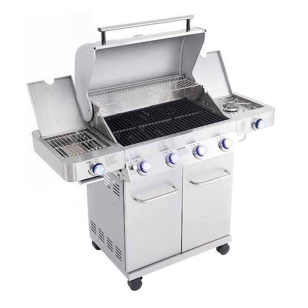 4-Burner Propane Gas Grill in Stainless with LED Controls. Side and Side Sear Burners